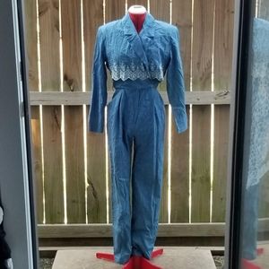 Retro 80s Joan Walters blue denim jean jumpsuit